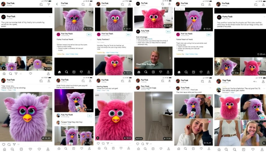 A screenshot of viral TikTok videos featuring the furby creepy aesthetic and challenges