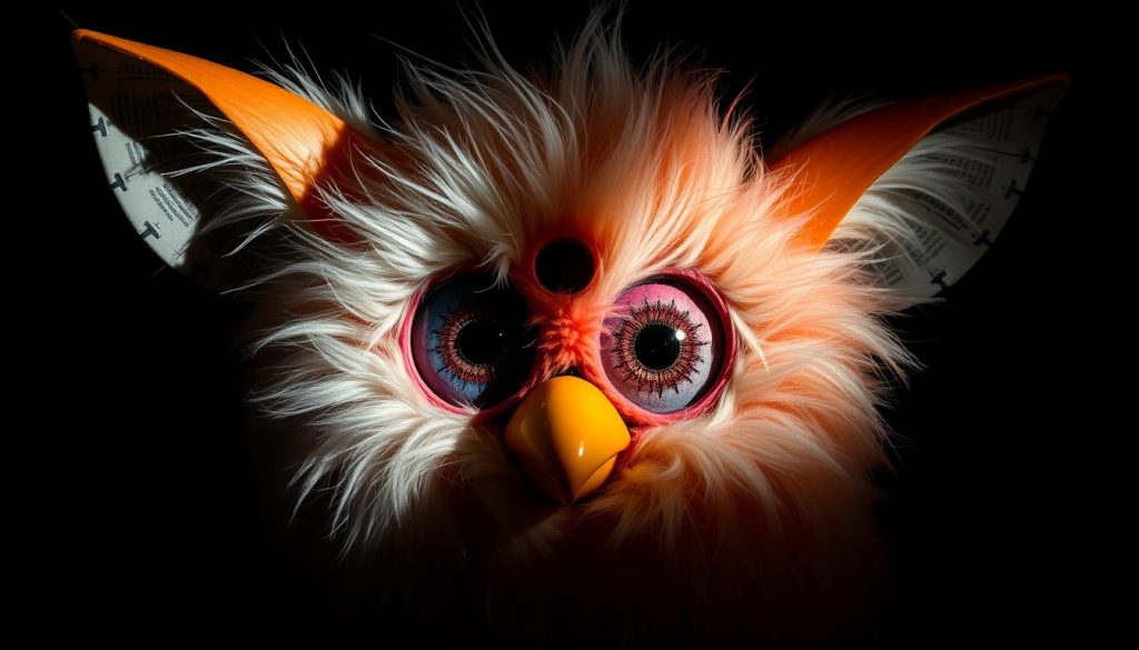 A stylized image of a Furby in half-shadow, representing the duality of cute and creepy that defines the furby creepy phenomenon