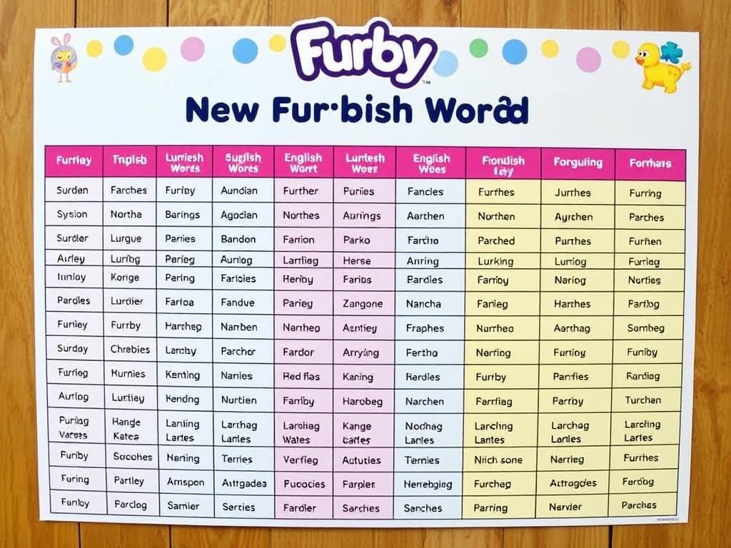 A visual dictionary of basic Furbish words with their English translations