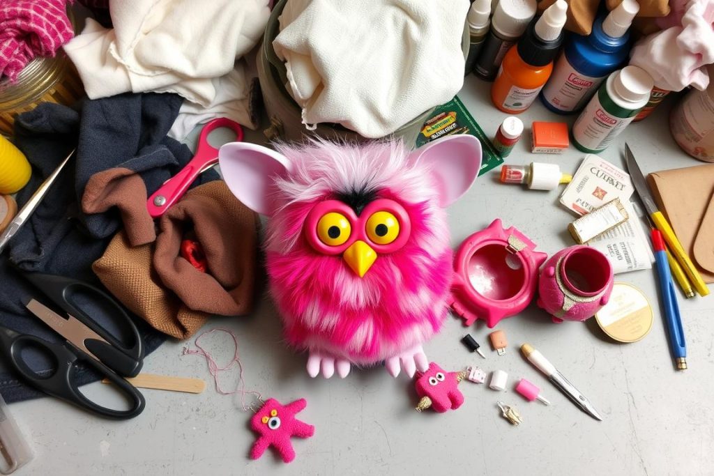 A workspace showing Furby modification tools and materials