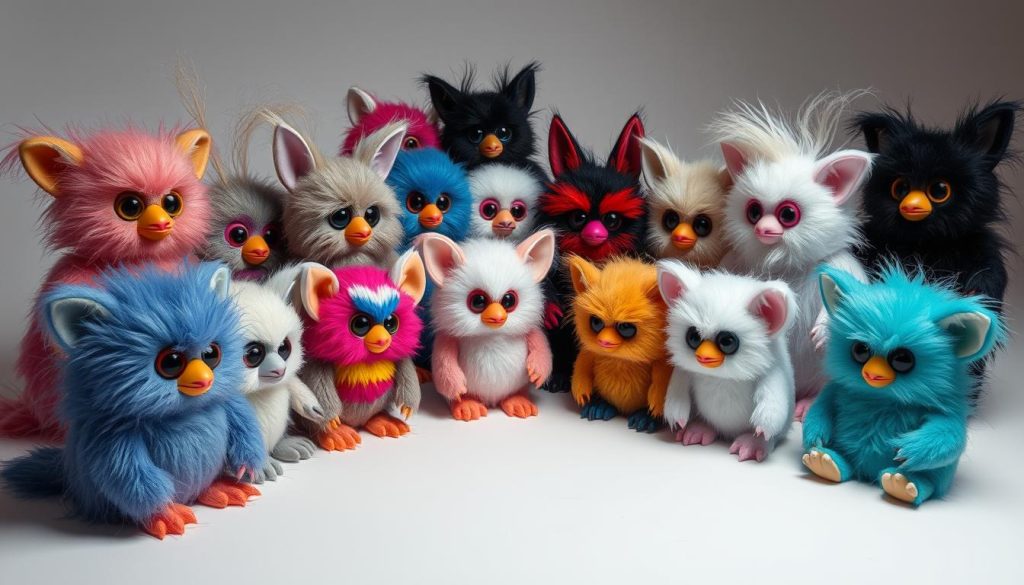 An artistic display of various customized furbies with and without fur