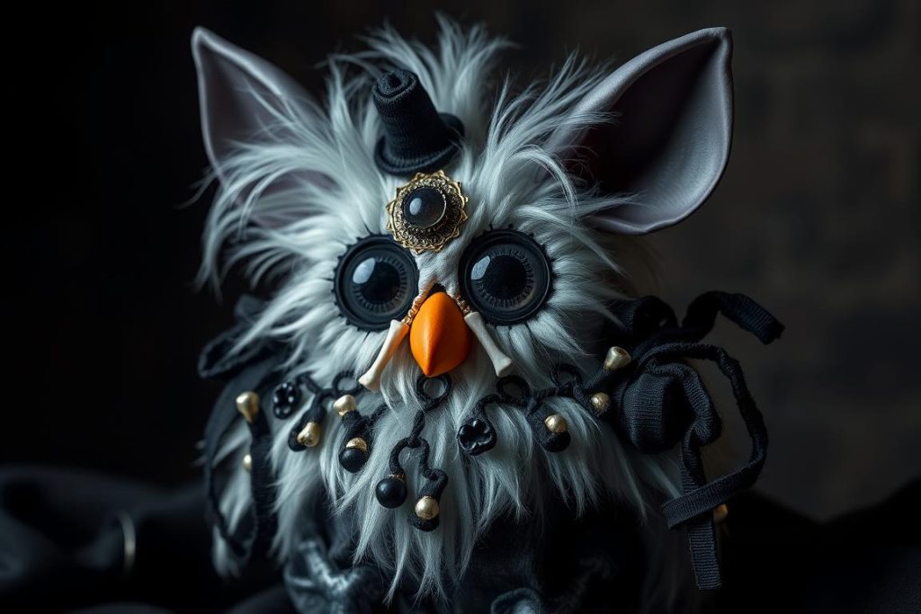 An artistic modification of a Furby with gothic or horror-themed elements, embracing the furby creepy aesthetic