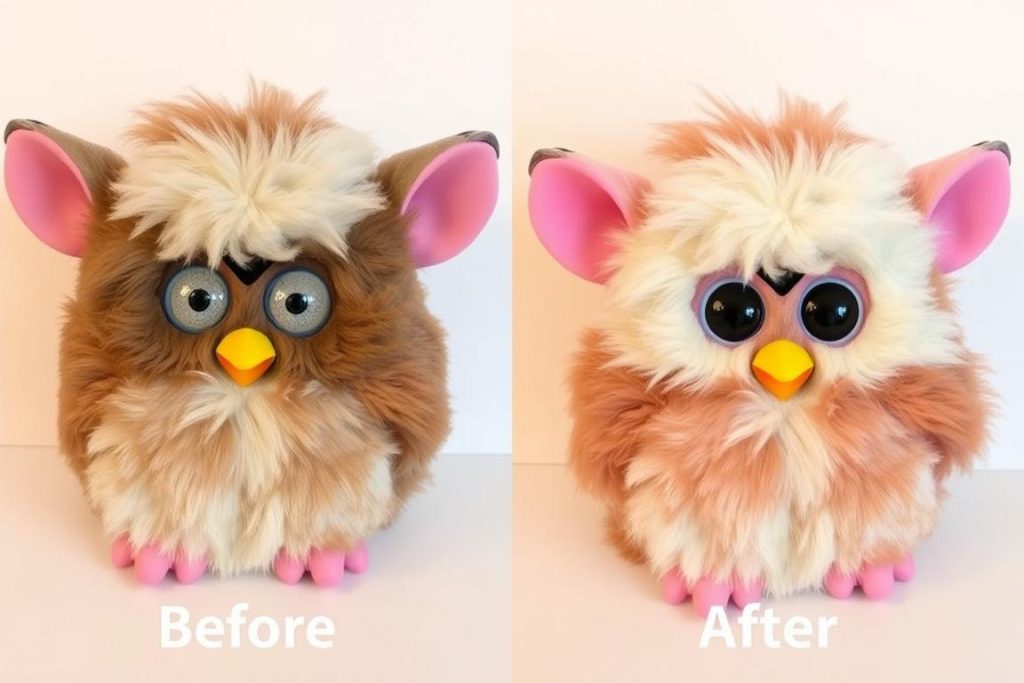 Before and after images of a restored Millennium Furby