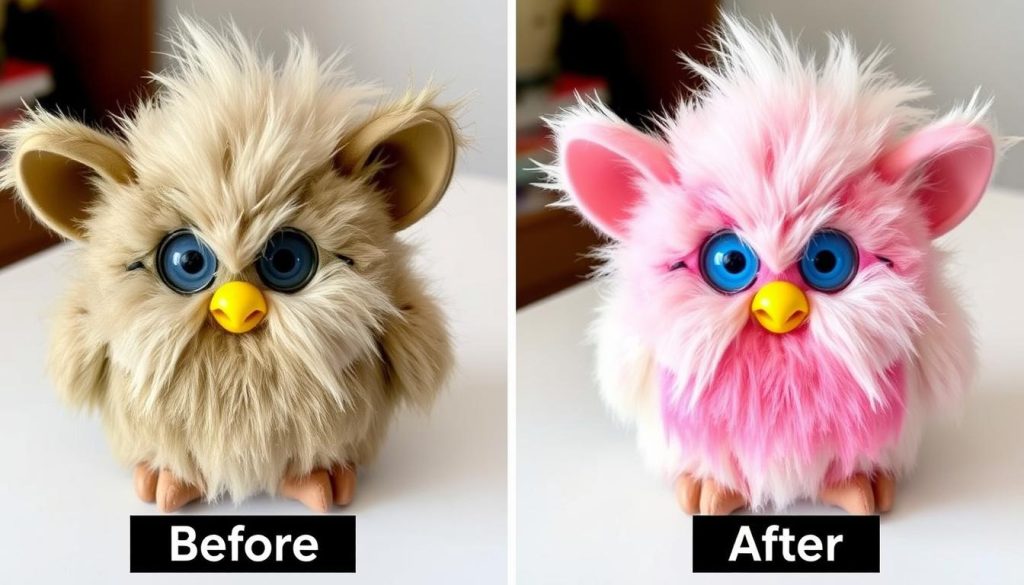 Before and after restoration of a vintage Furby showing value improvement