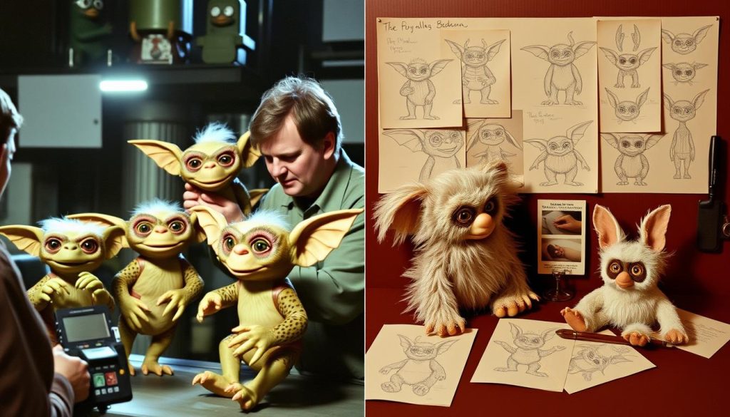 Behind-the-scenes photo of Gremlins puppetry alongside Furby prototype designs