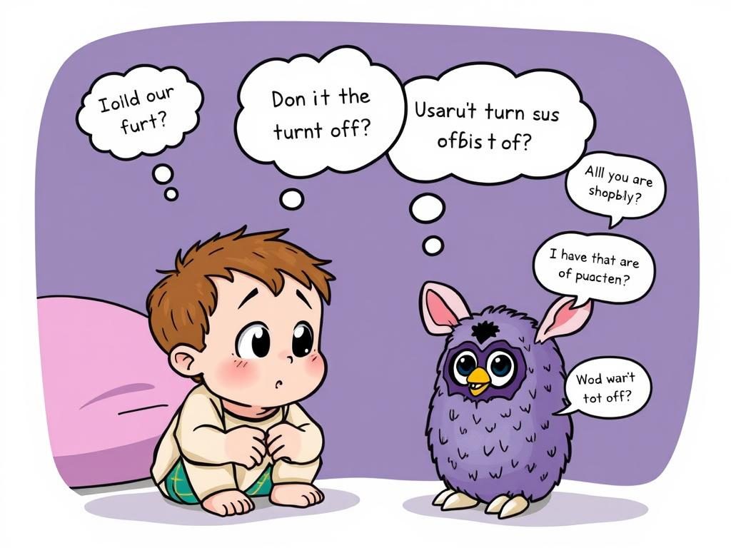 Child asking questions about Furby operation showing how to turn furby off