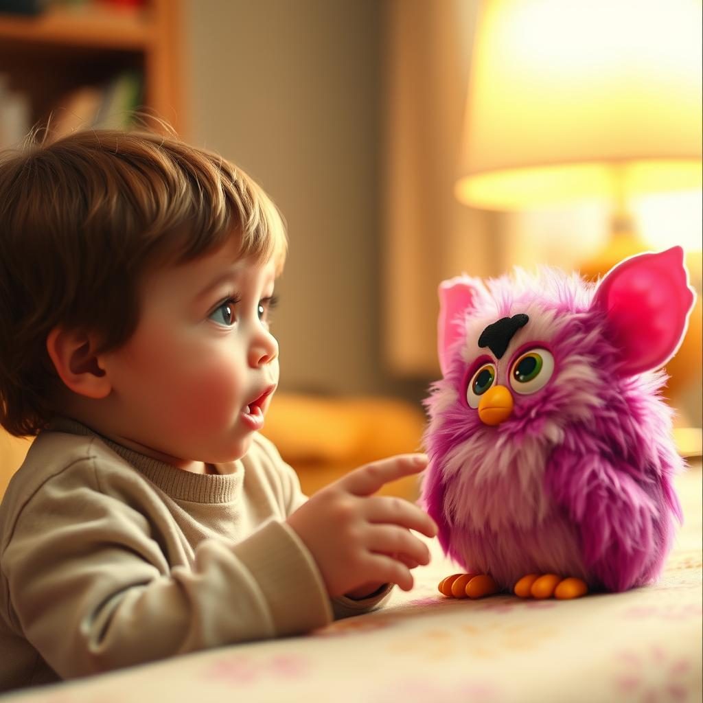 Child interacting with Furby demonstrating learning patterns in the history of Furby