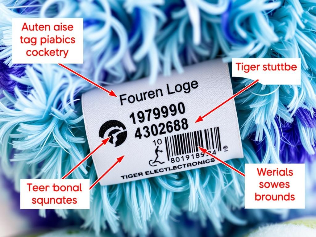 Close-up of 1998 Furby worth identification markers showing authentication points