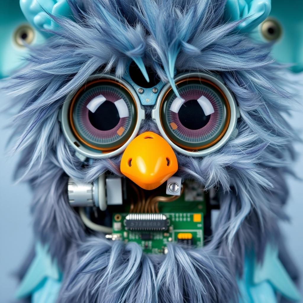 Close-up of Furby 1998 showing its mechanical features and sensors