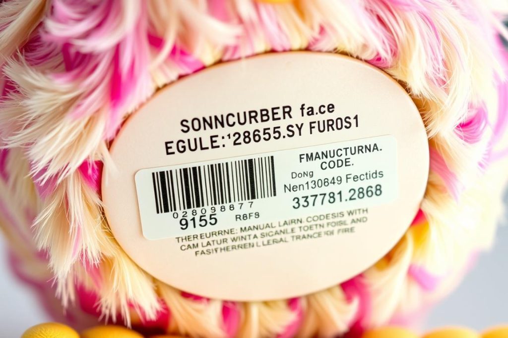 Close-up of Furby serial number and manufacturing code locations
