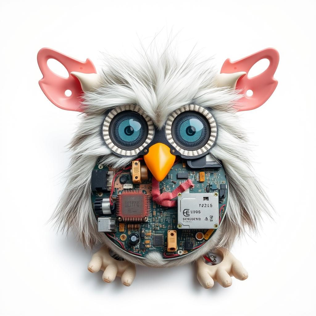 Close-up of a Furby with its fur removed, showing the mechanical components inside that might explain haunted behavior