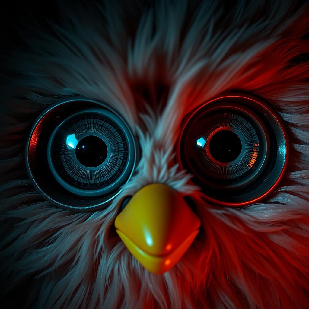 Close-up of a Furby's large mechanical eyes that contribute to the furby creepy reputation