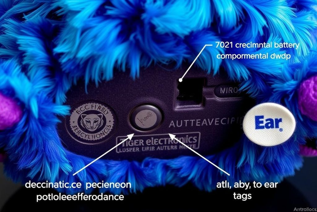 Close-up of authentic 90s Furby showing key authentication features