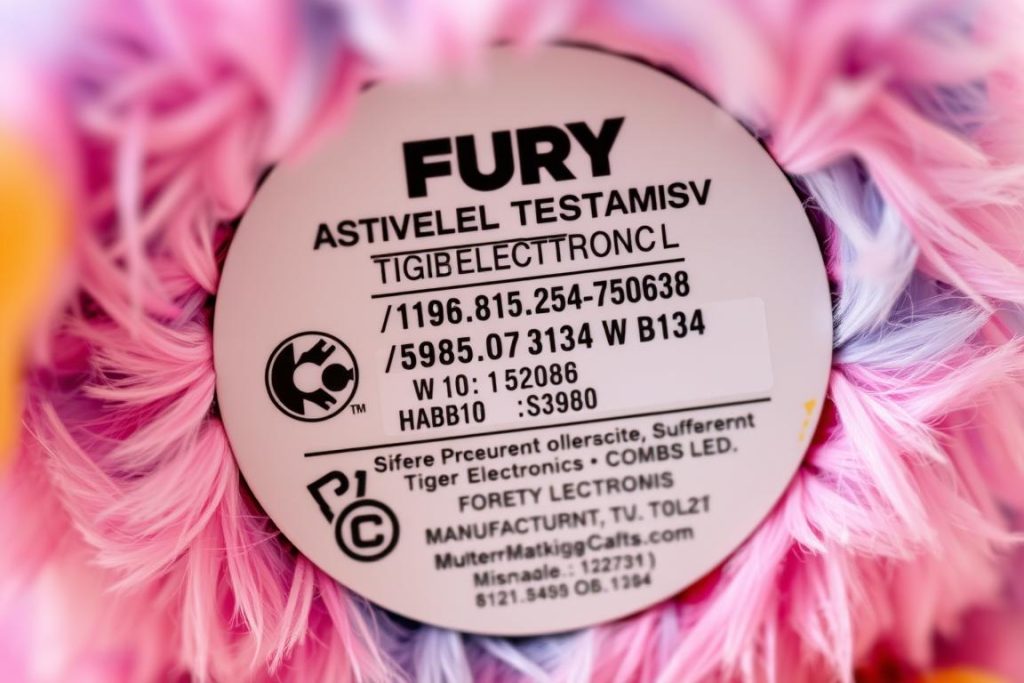 Close-up of authentic Furby bottom label showing Tiger Electronics branding