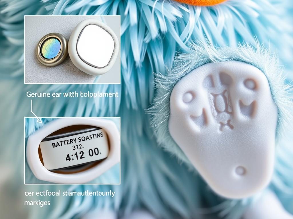 Close-up of authentic Millennium Furby tag and markings