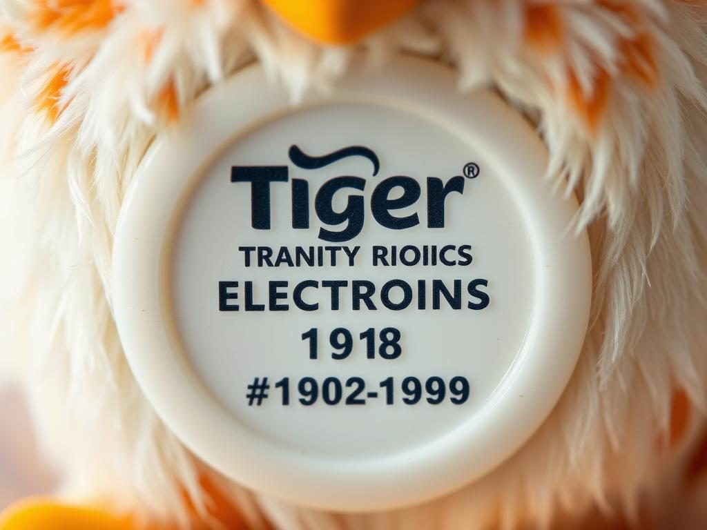 Close-up of authentic Tiger Electronics logo and date stamp on original Furby