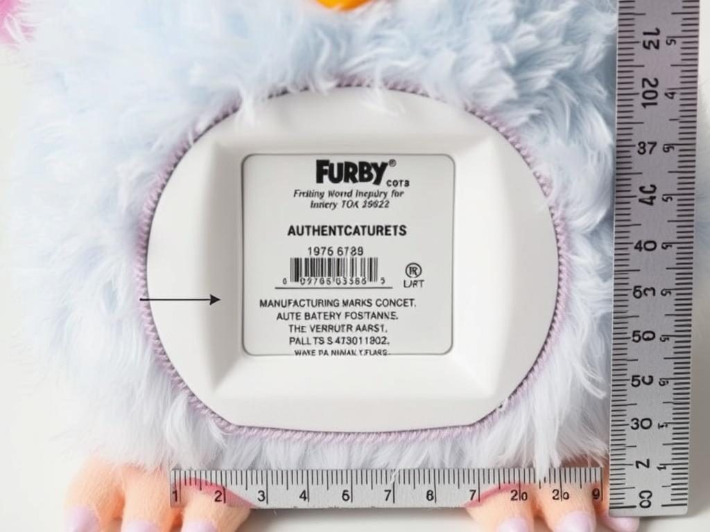 Close-up of original Furby authentication points including bottom tag and manufacturing marks