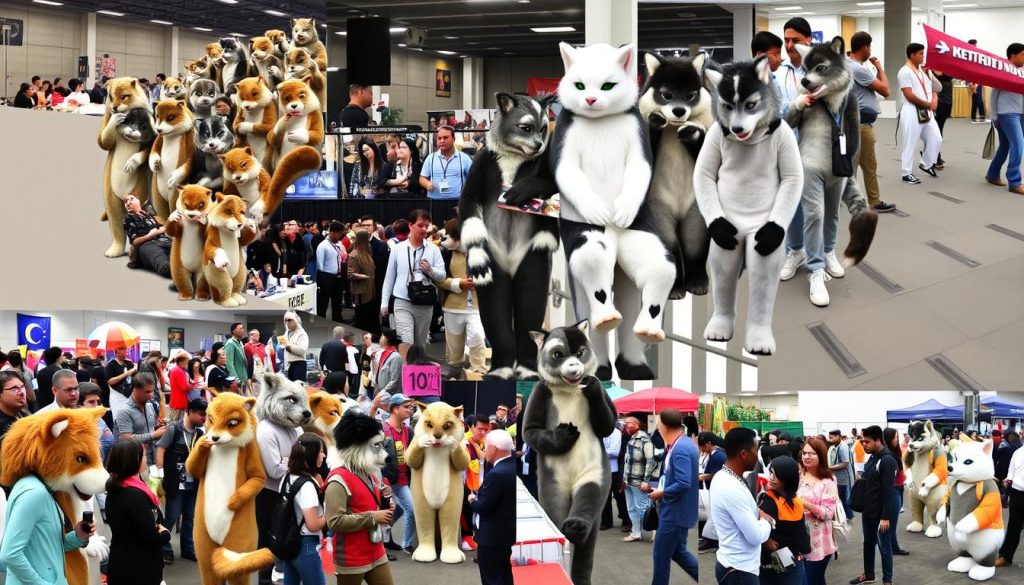 Collage showing furry gatherings in different countries representing emerging communities