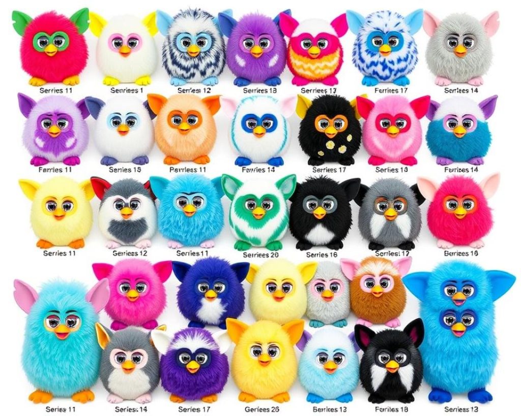Collection of different Series 1-4 Mini Furby models showing variety in colors and designs