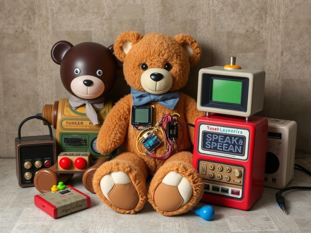 Collection of modified vintage toys including Teddy Ruxpin and circuit-bent toys