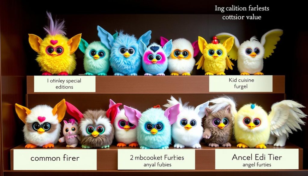 Collection of original Furbies arranged by value tier showing price differences