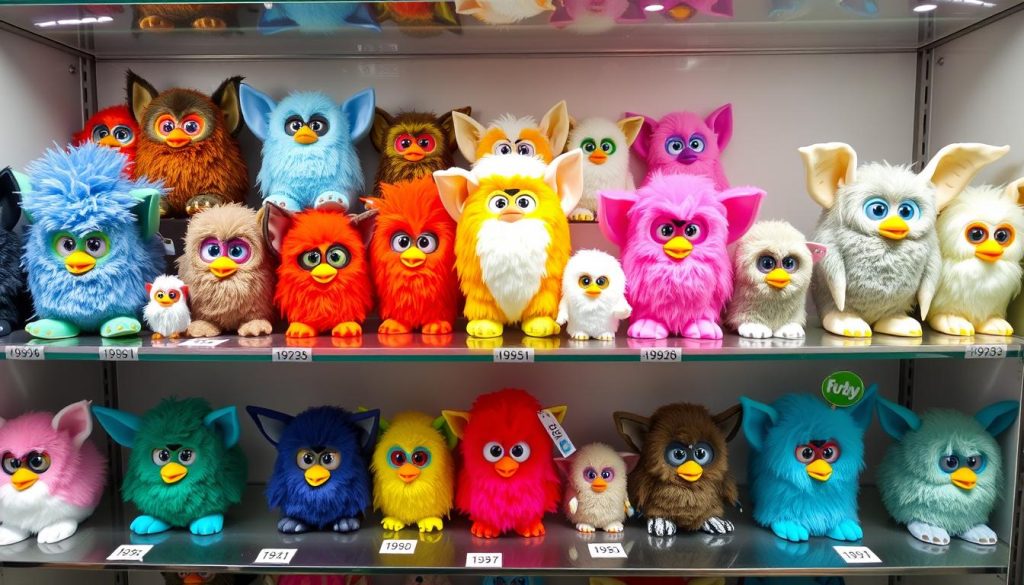 Collection of rare and valuable Furby models with price tags