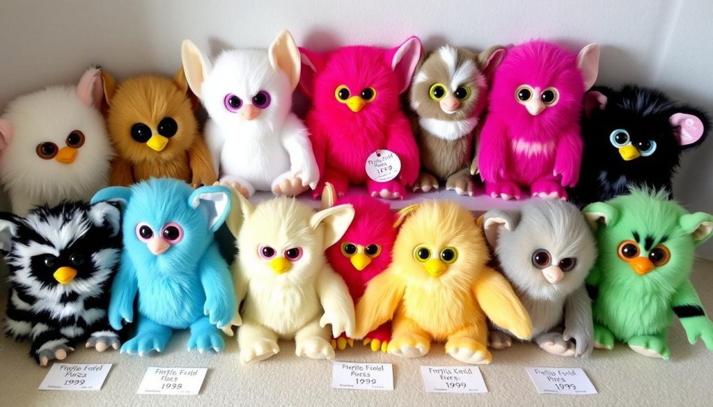 Collection of rare original Furbies with price tags showing current collector values
