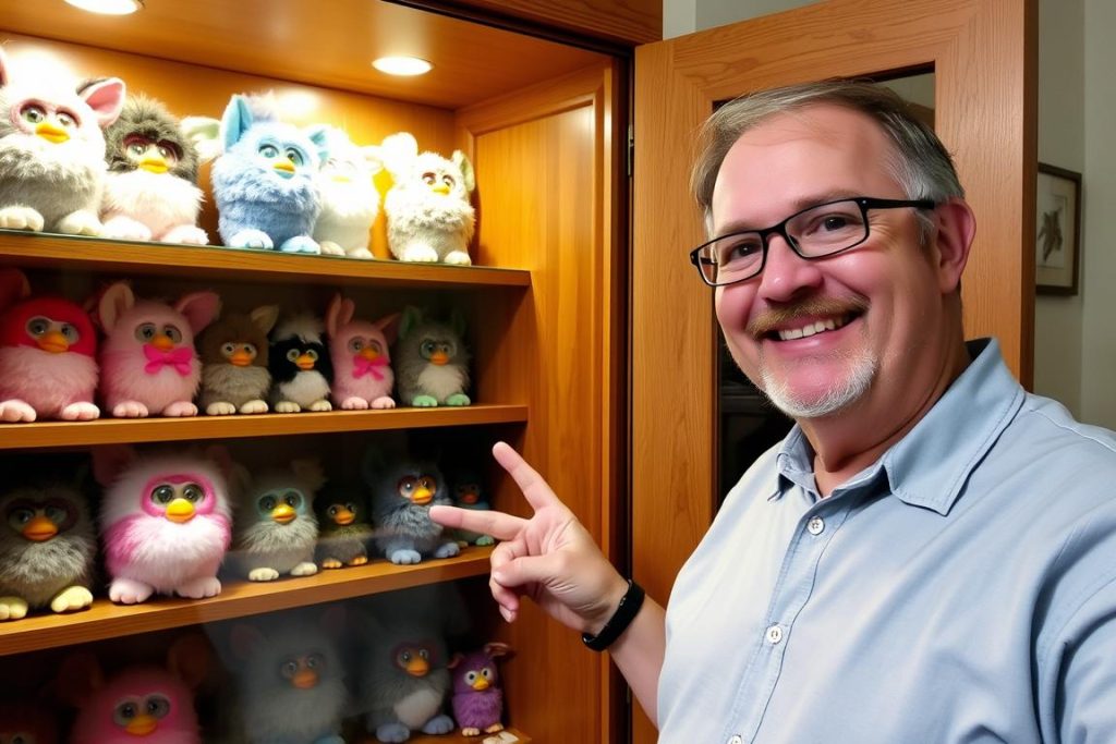 Collector displaying valuable original Furby collection in custom display case