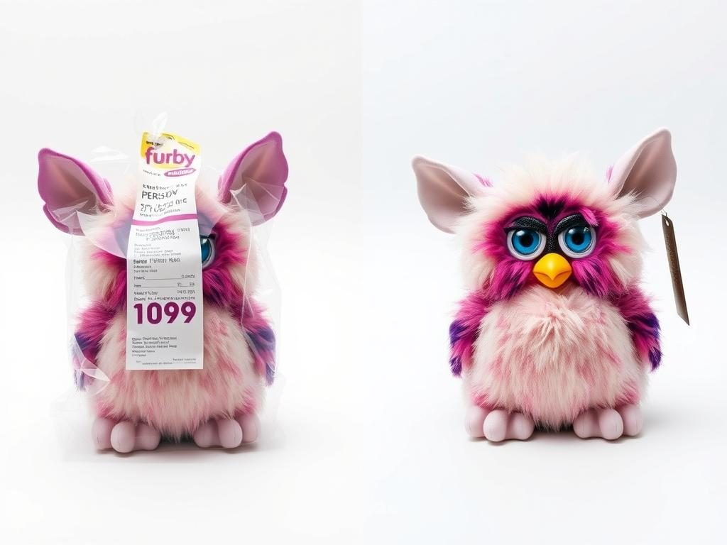 Comparison between a 1998 Furby worth more in original packaging versus a used model