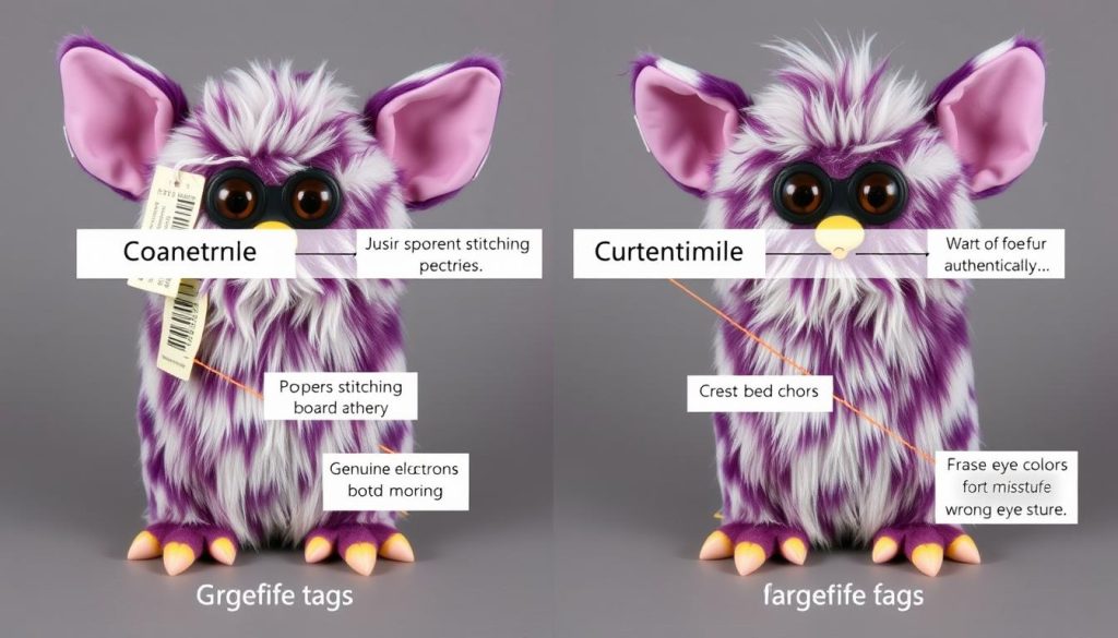 Comparison between genuine and counterfeit Millennium Furbies showing key differences