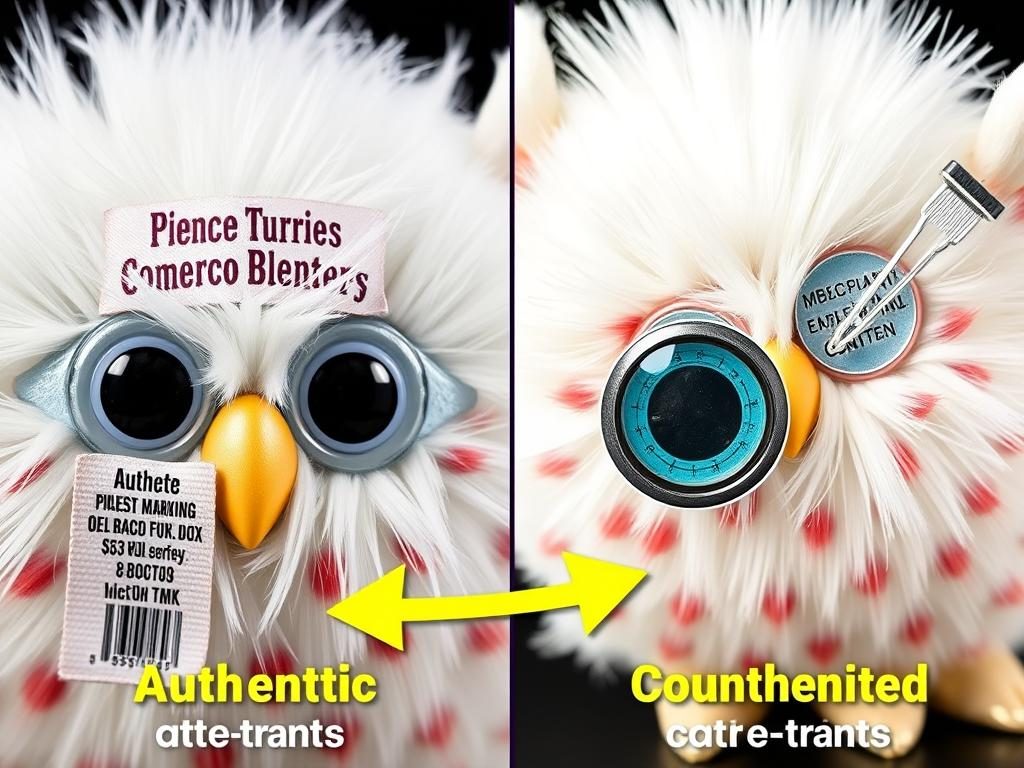 Comparison of authentic Furby details versus counterfeit versions