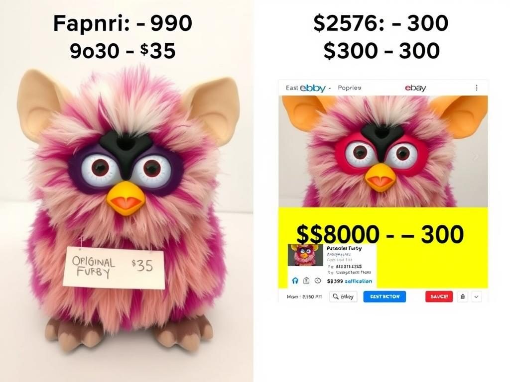Comparison of original 90s Furby with price tag next to current eBay listing showing collector value