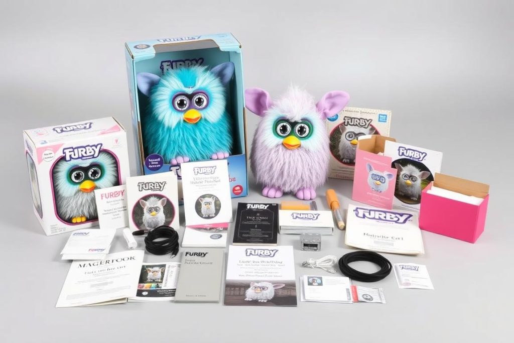 Complete Furby with original packaging, instructions and accessories showing maximum collectible value