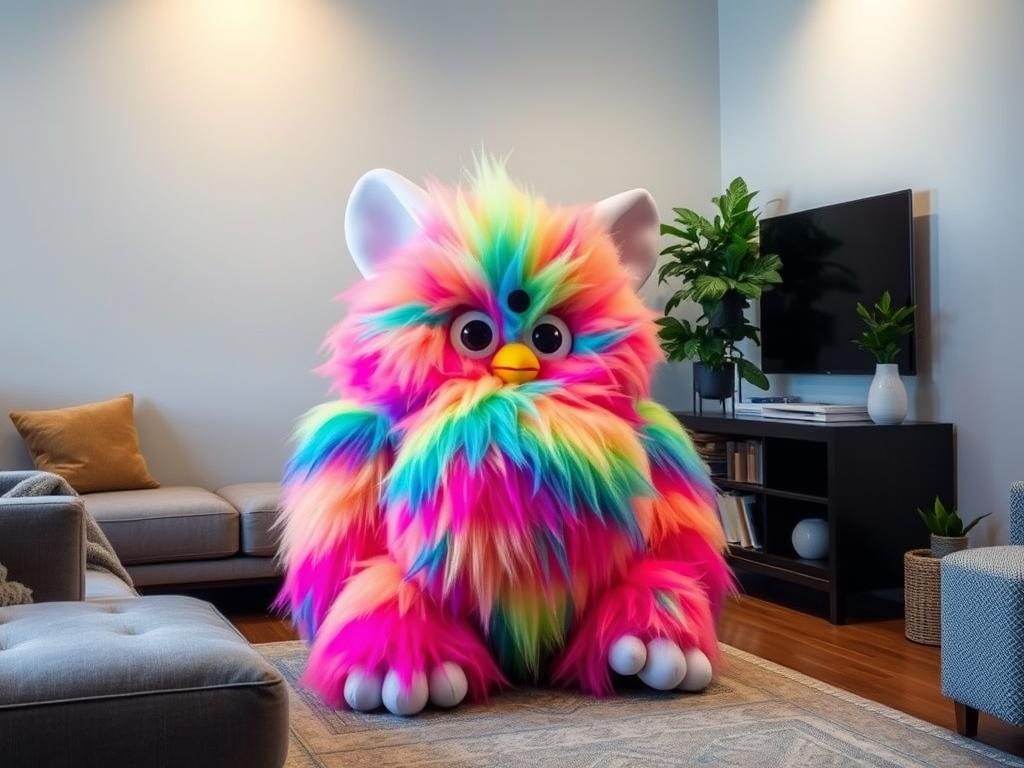 Completed DIY Giant Furby with rainbow-colored fur sitting in a living room