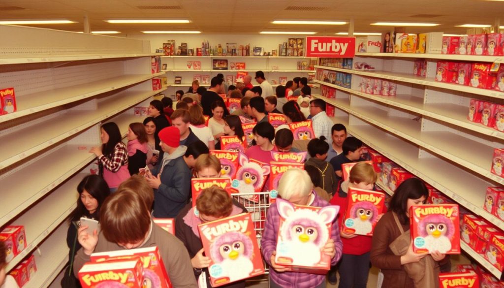 Crowds of shoppers hunting for Furbies during the 1998 holiday season showing the history of Furby craze