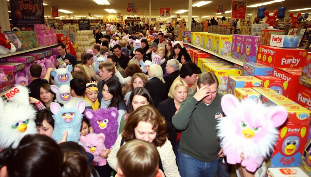 Crowds of shoppers hunting for Furbies during the 1998 holiday shopping season