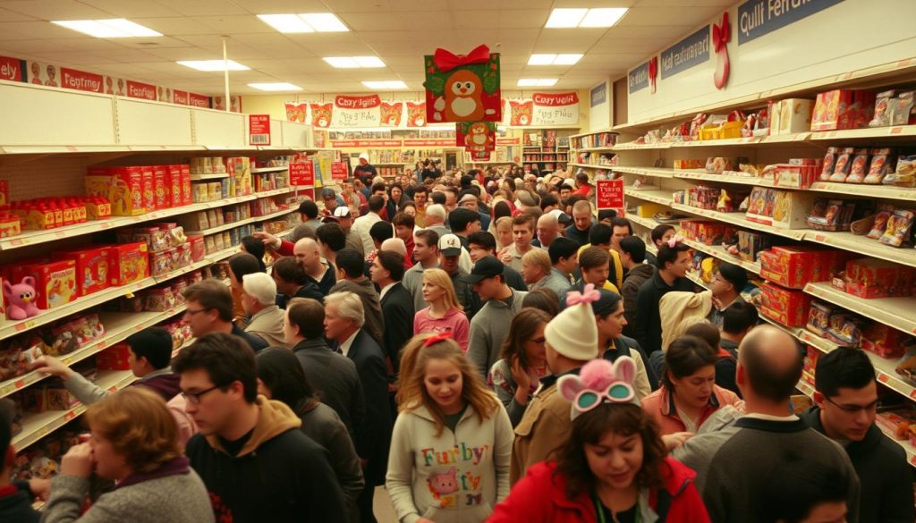 Crowds of shoppers trying to purchase Furby toys during the 1998 holiday season