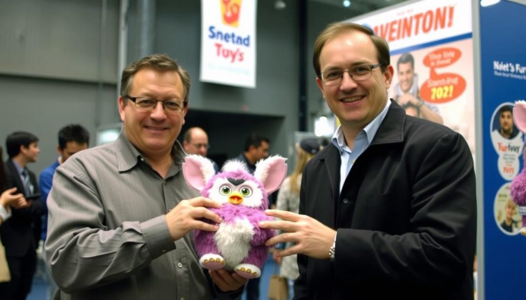 Dave Hampton and Caleb Chung, the inventors of Furby 1998, showcasing their creation