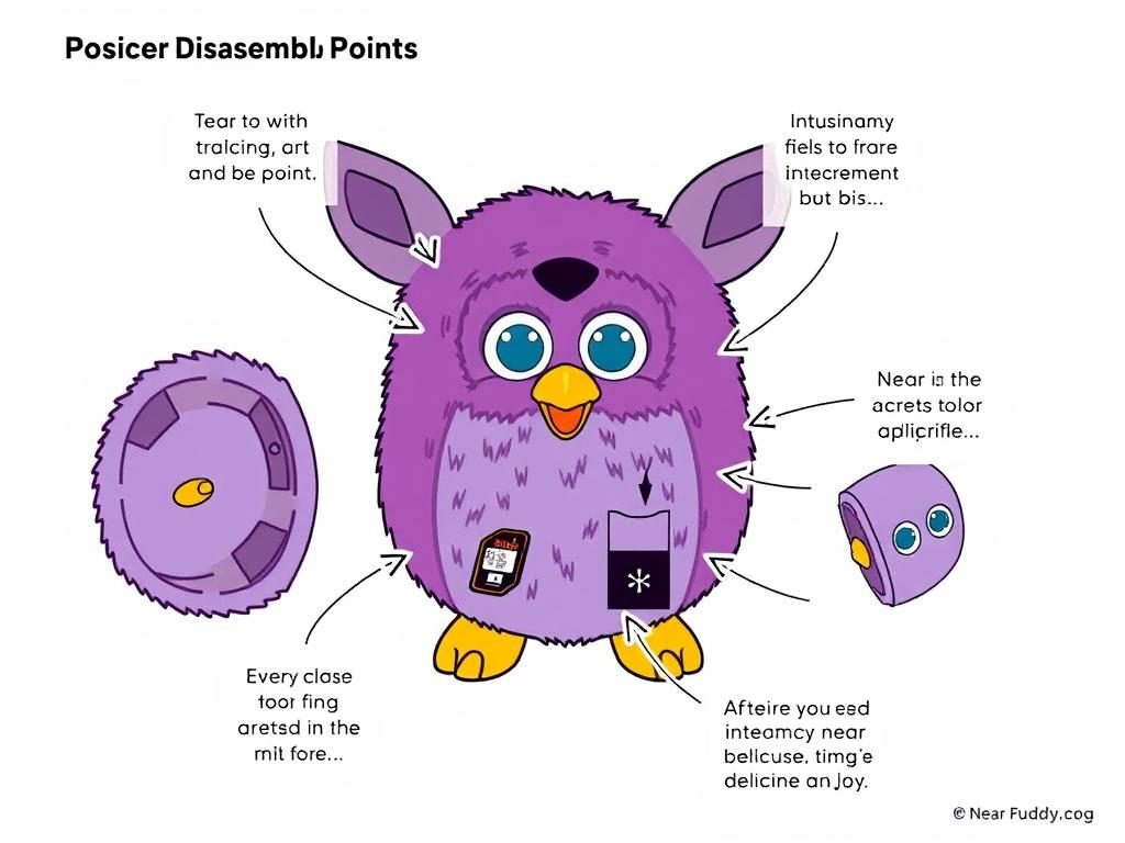 Diagram showing the disassembly points of a Furby toy