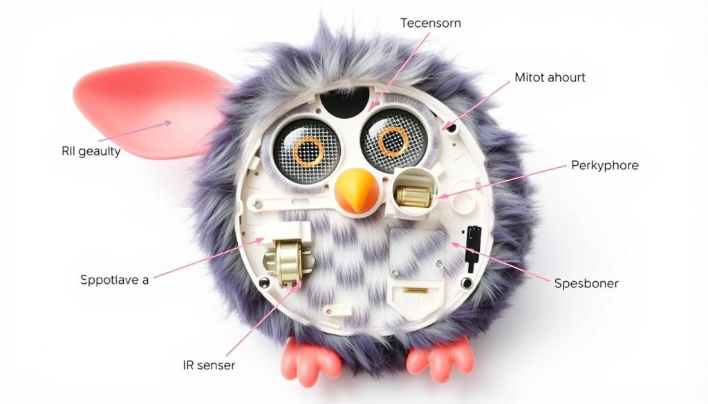 Diagram showing the sensors and components of a furby without fur