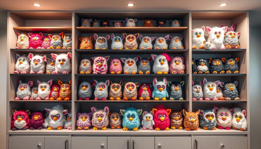 Diverse collection of Furbies from different generations displayed together