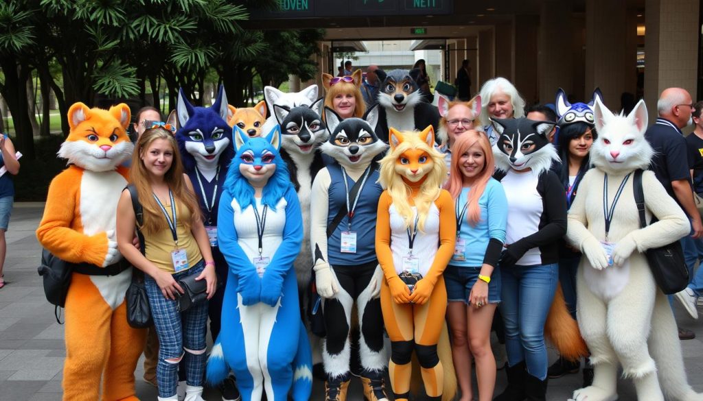 Diverse group of furries of different ages and backgrounds with and without fursuits