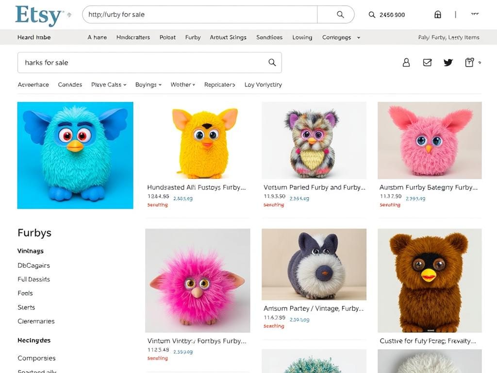 Etsy marketplace showing handcrafted and vintage Furby listings