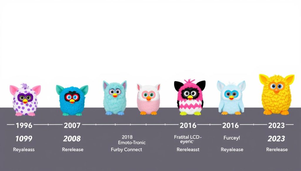 Evolution of Furby designs and prices across different generations from 1998 to 2023