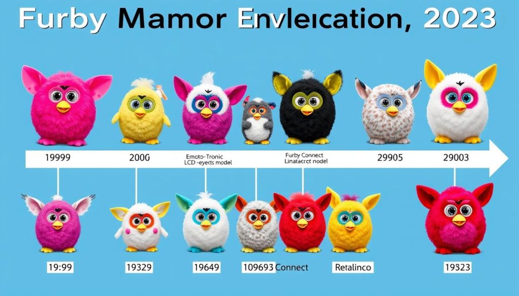 Evolution of Furby models from 1998 to 2023 with their original retail prices