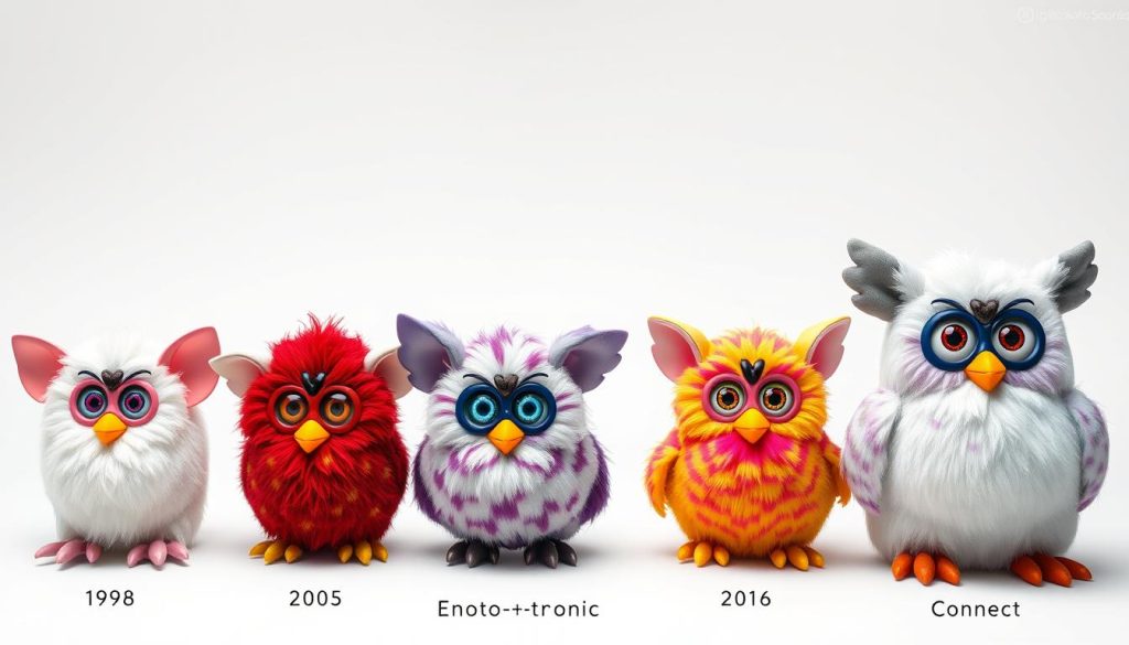 Evolution of Furby toys from 1998 to modern versions showing technological changes
