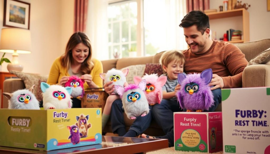 Family enjoying Furby playtime with the ability to turn it off when needed