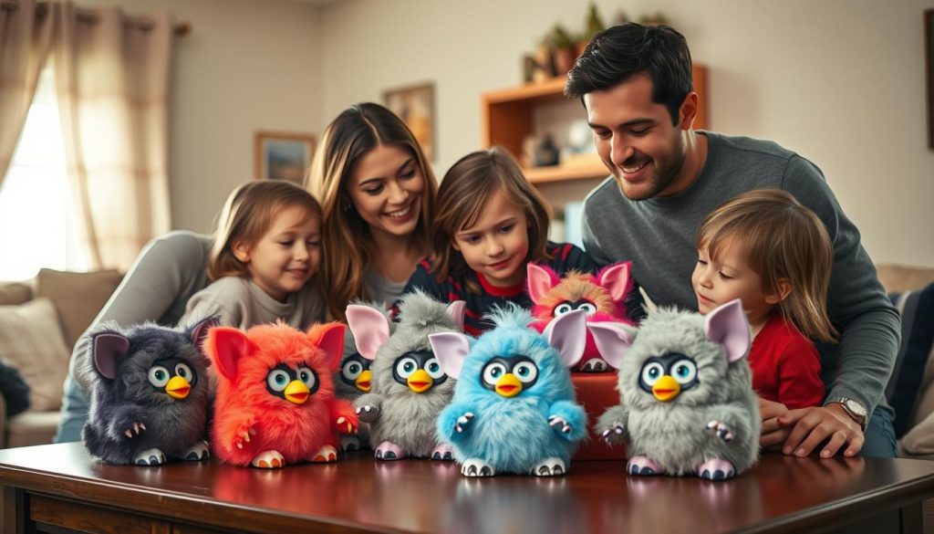 Family examining their Millennium Furby collection together