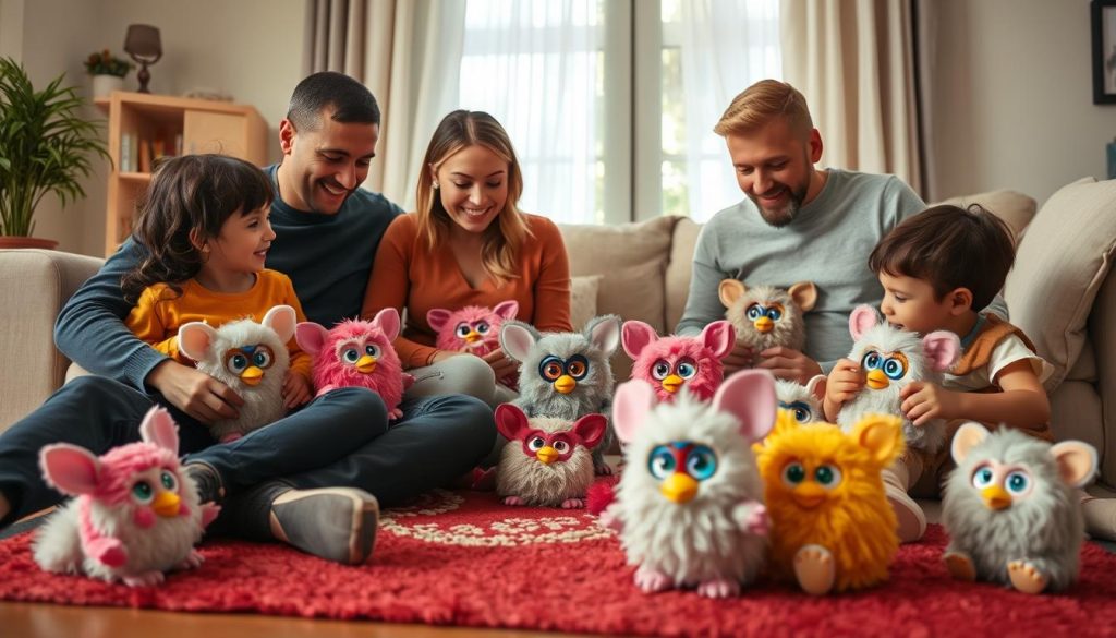 Family playing with multiple generations of Furby toys together