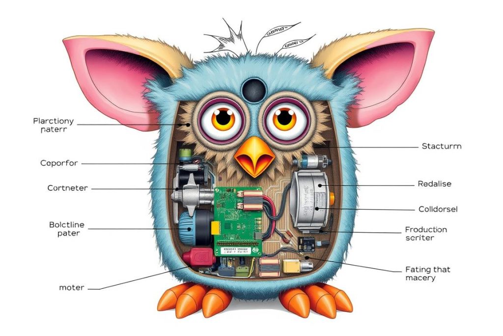 Furby 1998 with internal components visible showing the technology inside